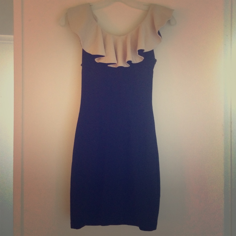 Plunging back!! Black and cream cocktail dress-